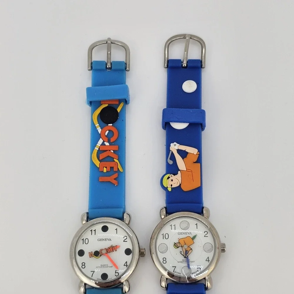 2X Kids Hockey Golf Sport Watches 27MM White Dial Blue Plastic Bands New Battery